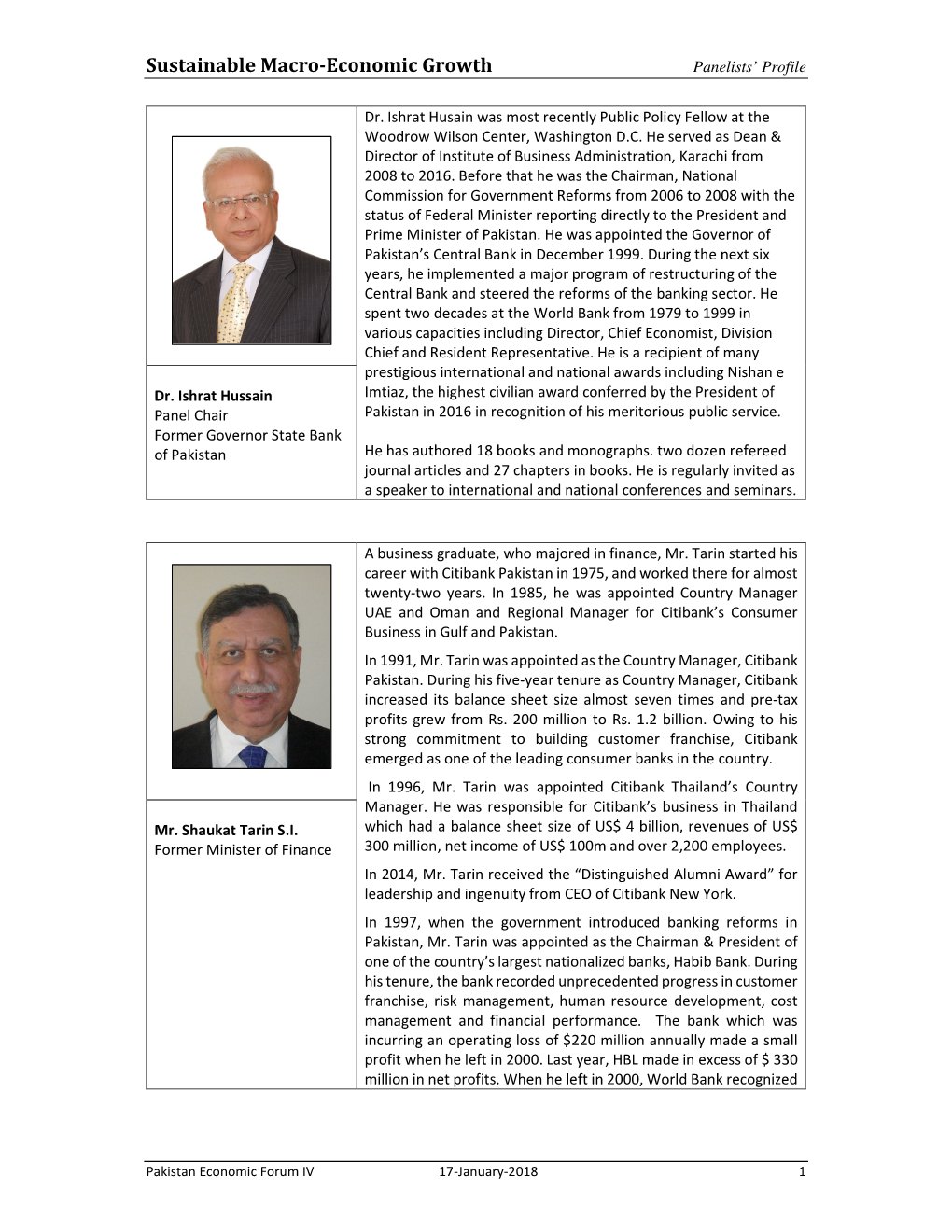 Sustainable Macro-Economic Growth Panelists’ Profile