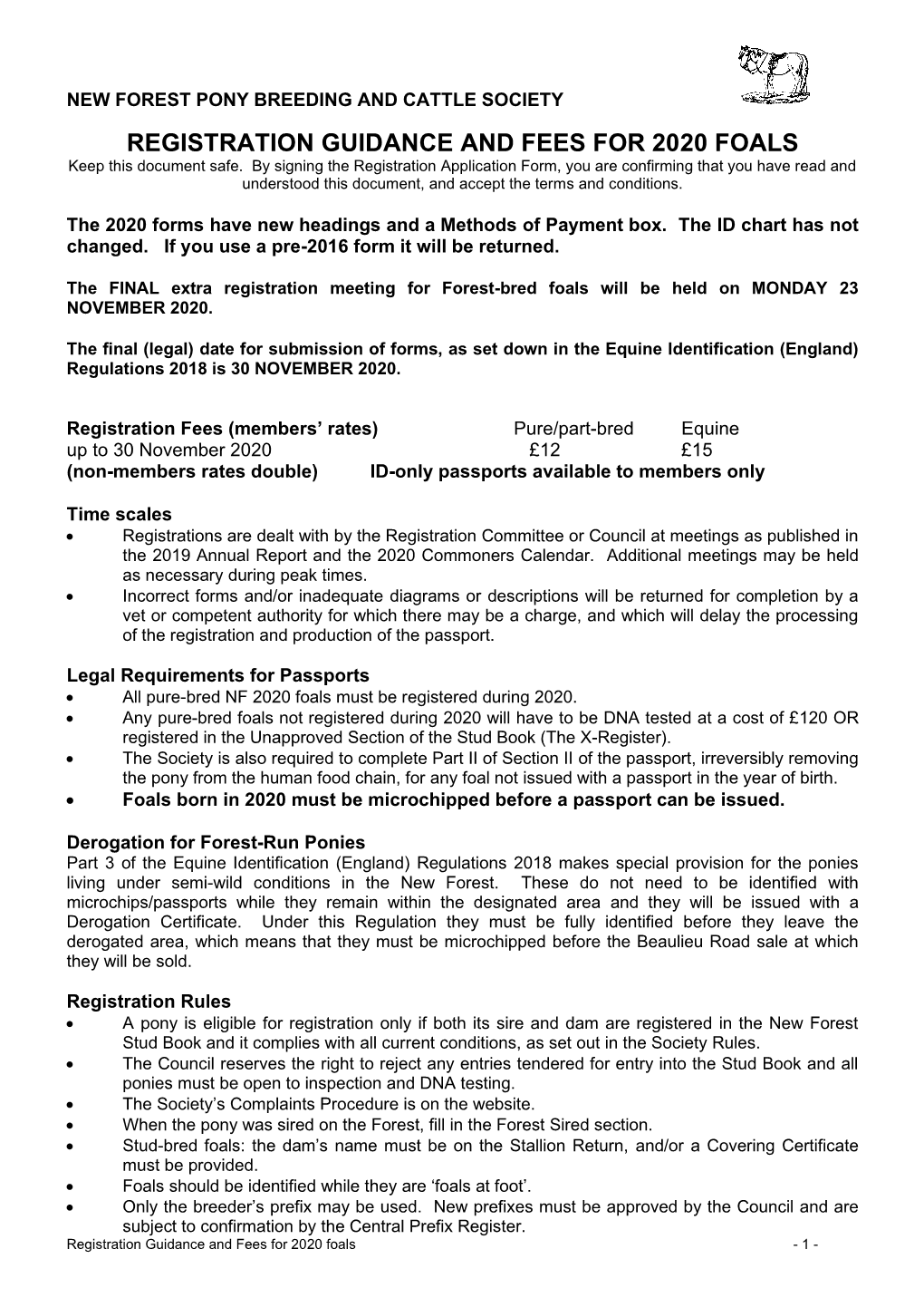 REGISTRATION GUIDANCE and FEES for 2020 FOALS Keep This Document Safe