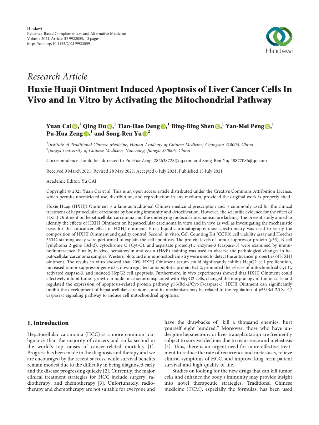 Huxie Huaji Ointment Induced Apoptosis of Liver Cancer Cells in Vivo and in Vitro by Activating the Mitochondrial Pathway