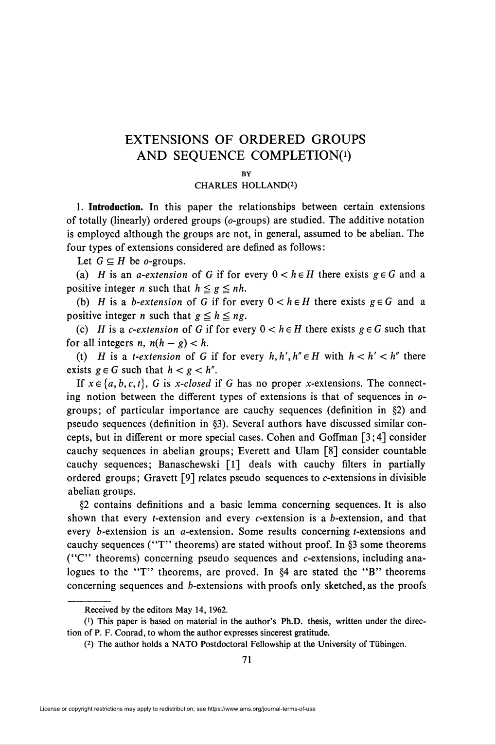 EXTENSIONS of ORDERED GROUPS and SEQUENCE COMPLETION(I) by CHARLES HOLLAND^)