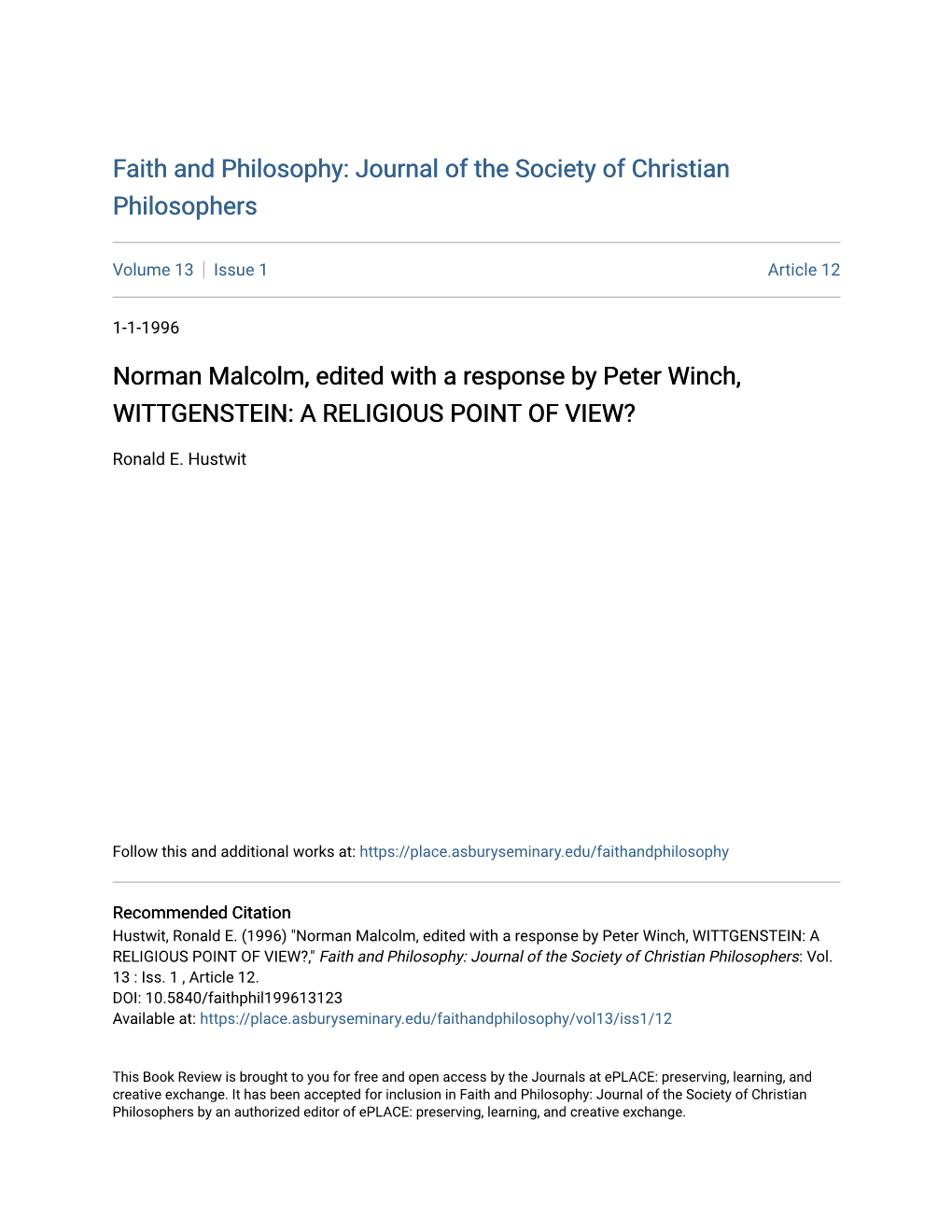 Norman Malcolm, Edited with a Response by Peter Winch, WITTGENSTEIN: a RELIGIOUS POINT of VIEW?