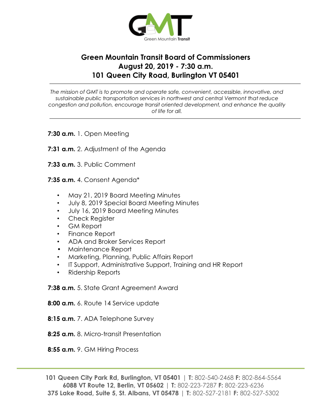 Green Mountain Transit Board of Commissioners August 20, 2019 - 7:30 A.M