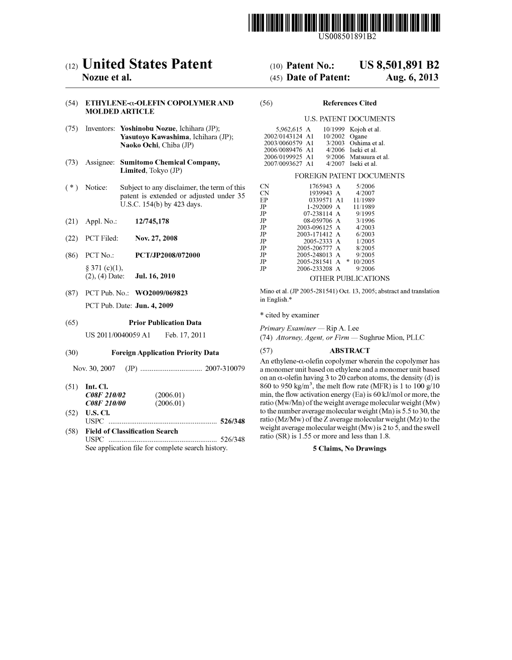 (12) United States Patent (10) Patent No.: US 8,501,891 B2 Nozue Et Al