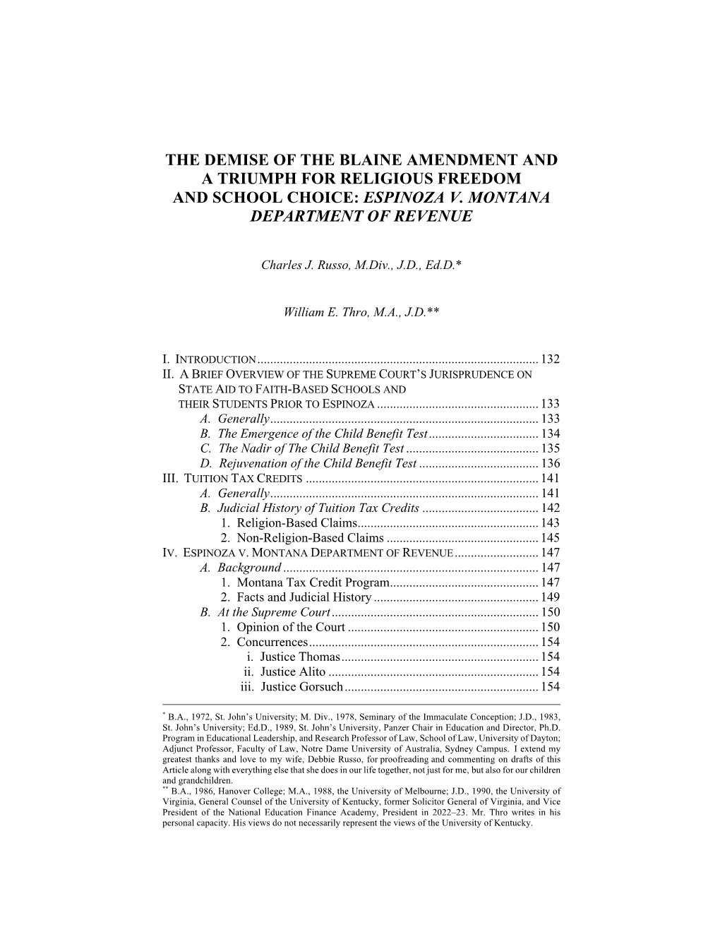 The Demise of the Blaine Amendment and a Triumph for Religious Freedom and School Choice: Espinoza V