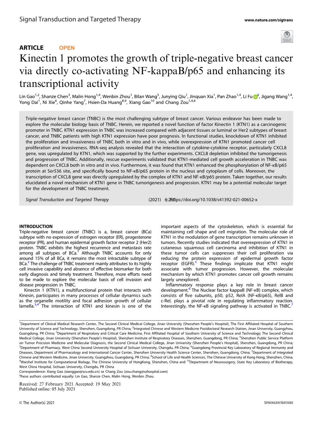 Kinectin 1 Promotes the Growth of Triple-Negative Breast Cancer Via Directly Co-Activating NF-Kappab/P65 and Enhancing Its Transcriptional Activity