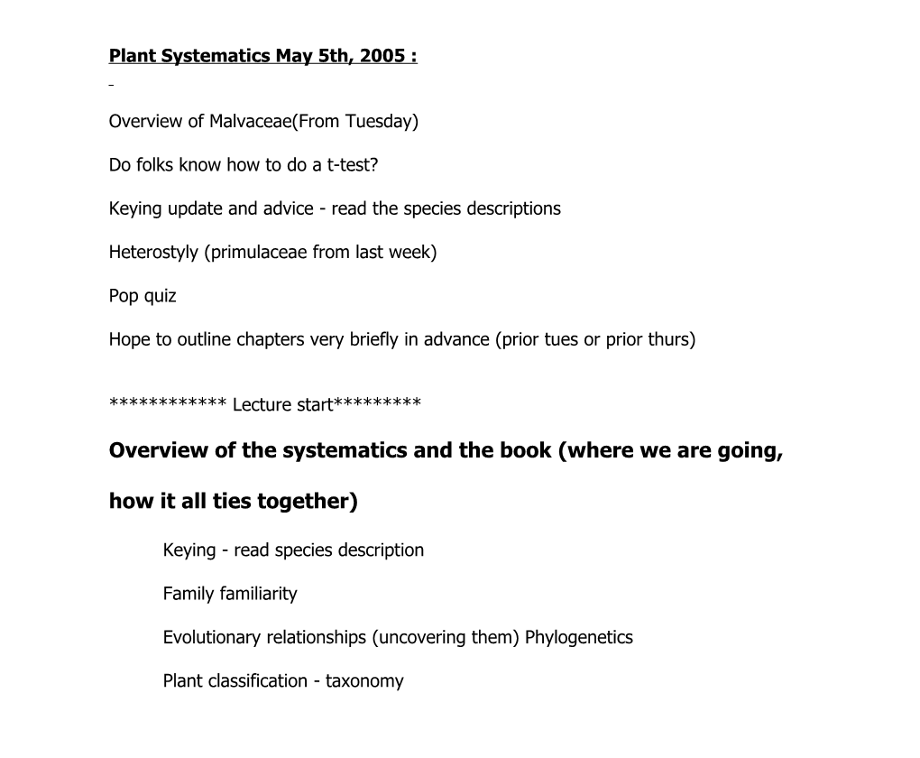 Plant Systematics Reading Notes Spring 2005, Issue 1