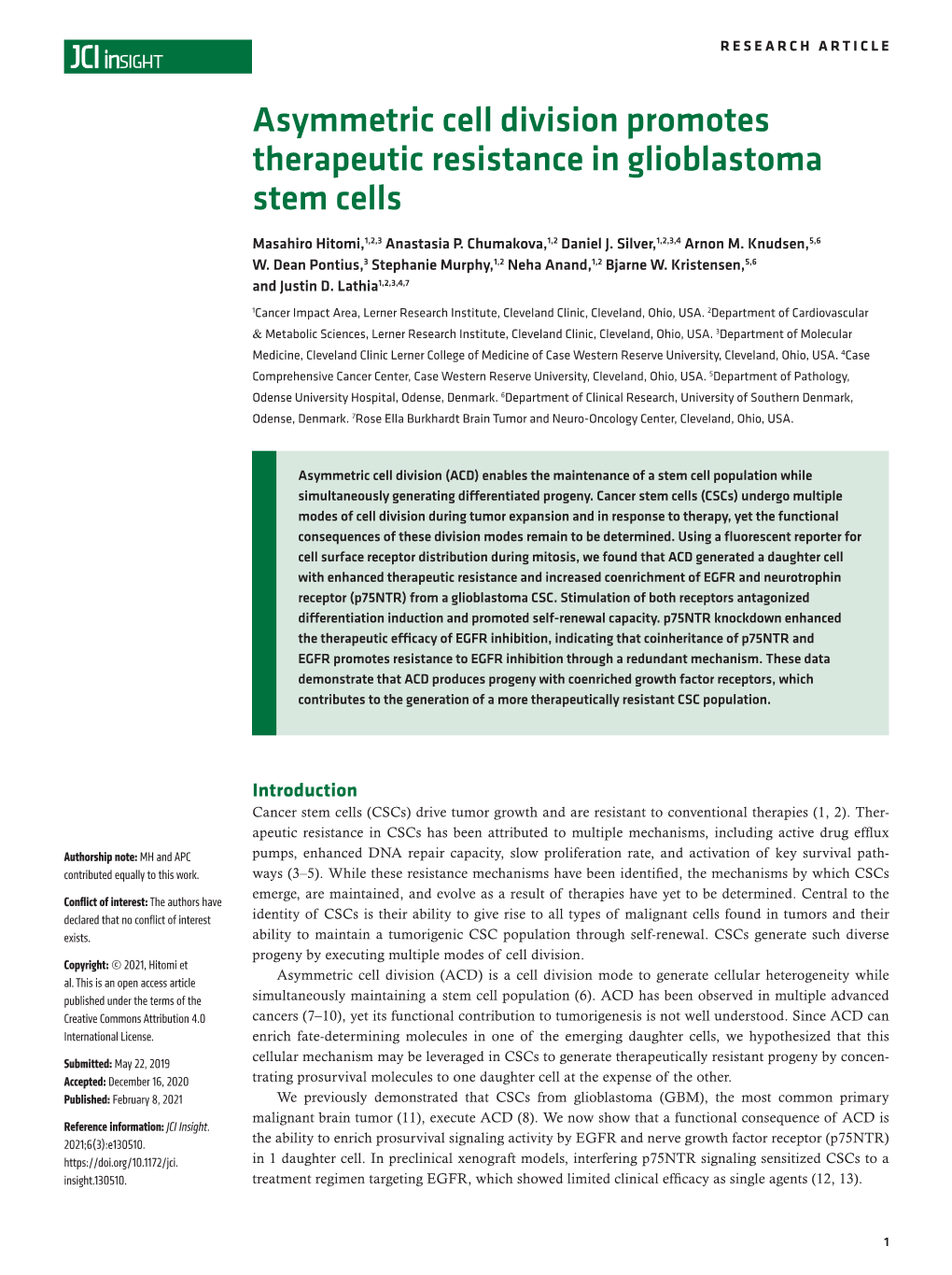 Asymmetric Cell Division Promotes Therapeutic Resistance in Glioblastoma Stem Cells