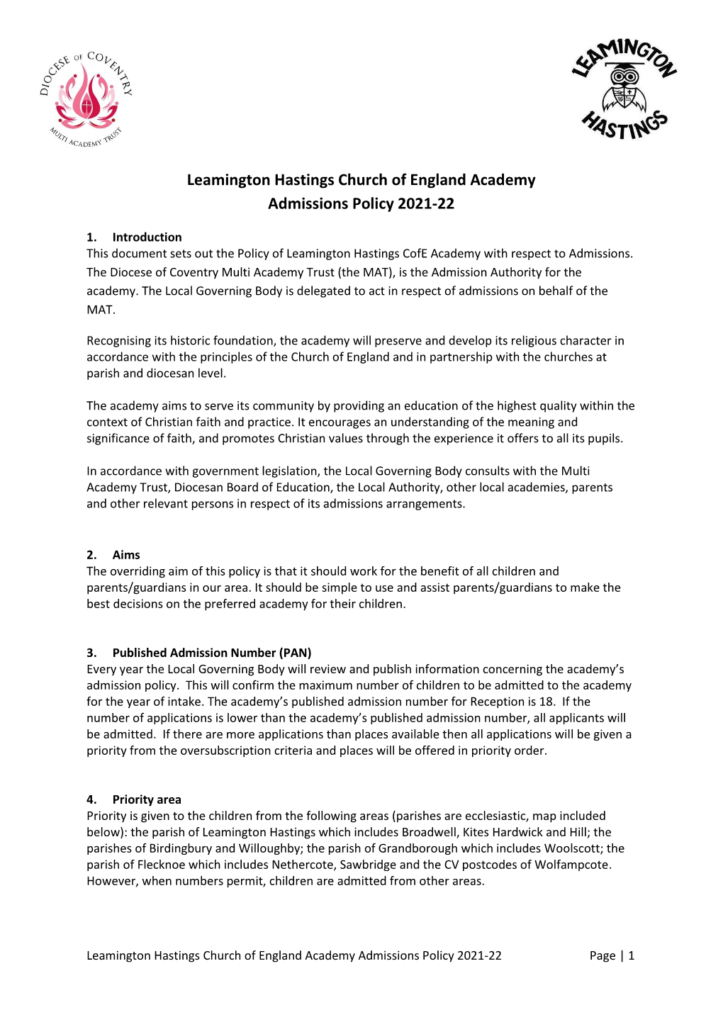 Leamington Hastings Church of England Academy Admissions Policy 2021-22