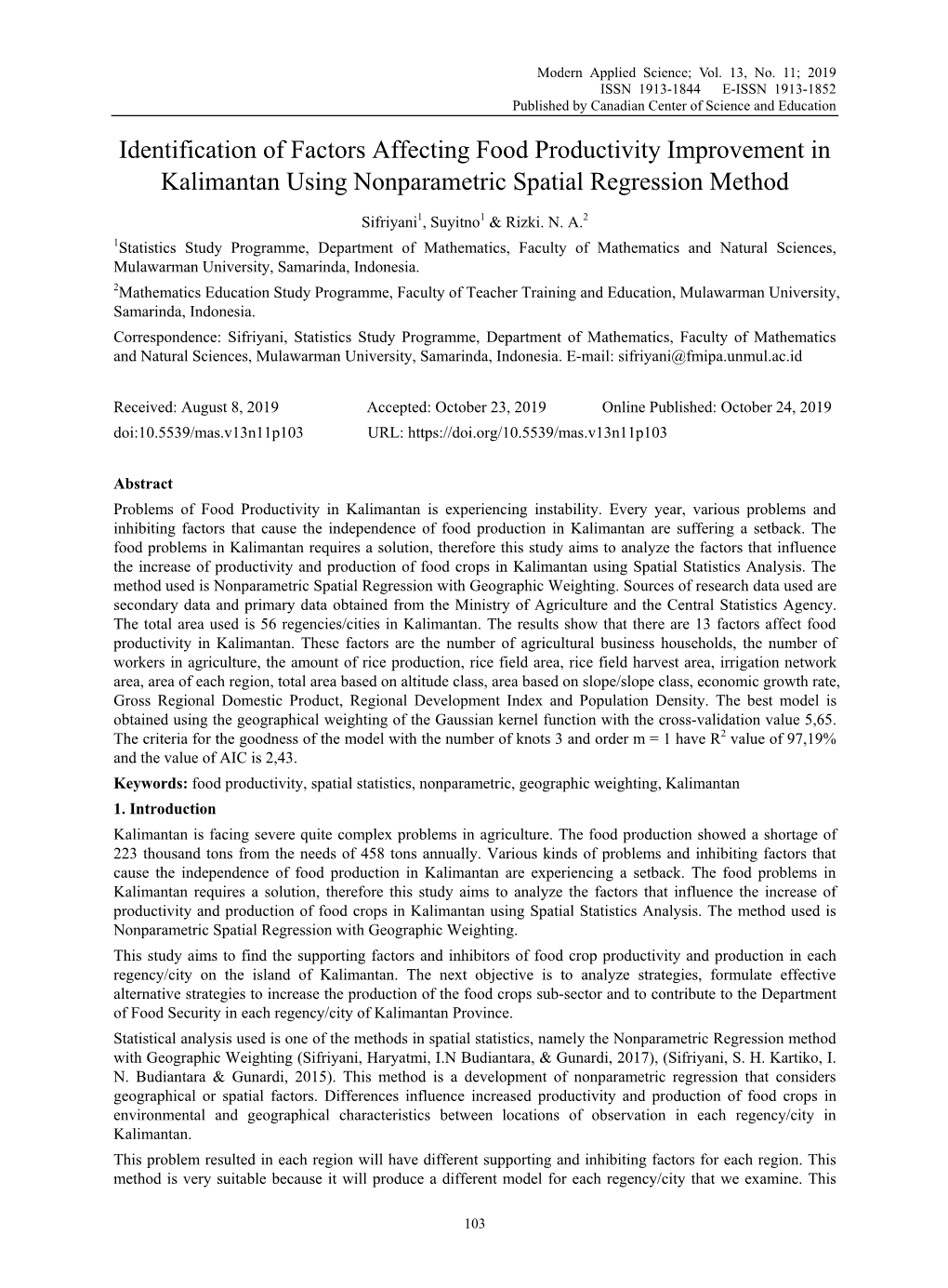 Identification of Factors Affecting Food Productivity Improvement in Kalimantan Using Nonparametric Spatial Regression Method