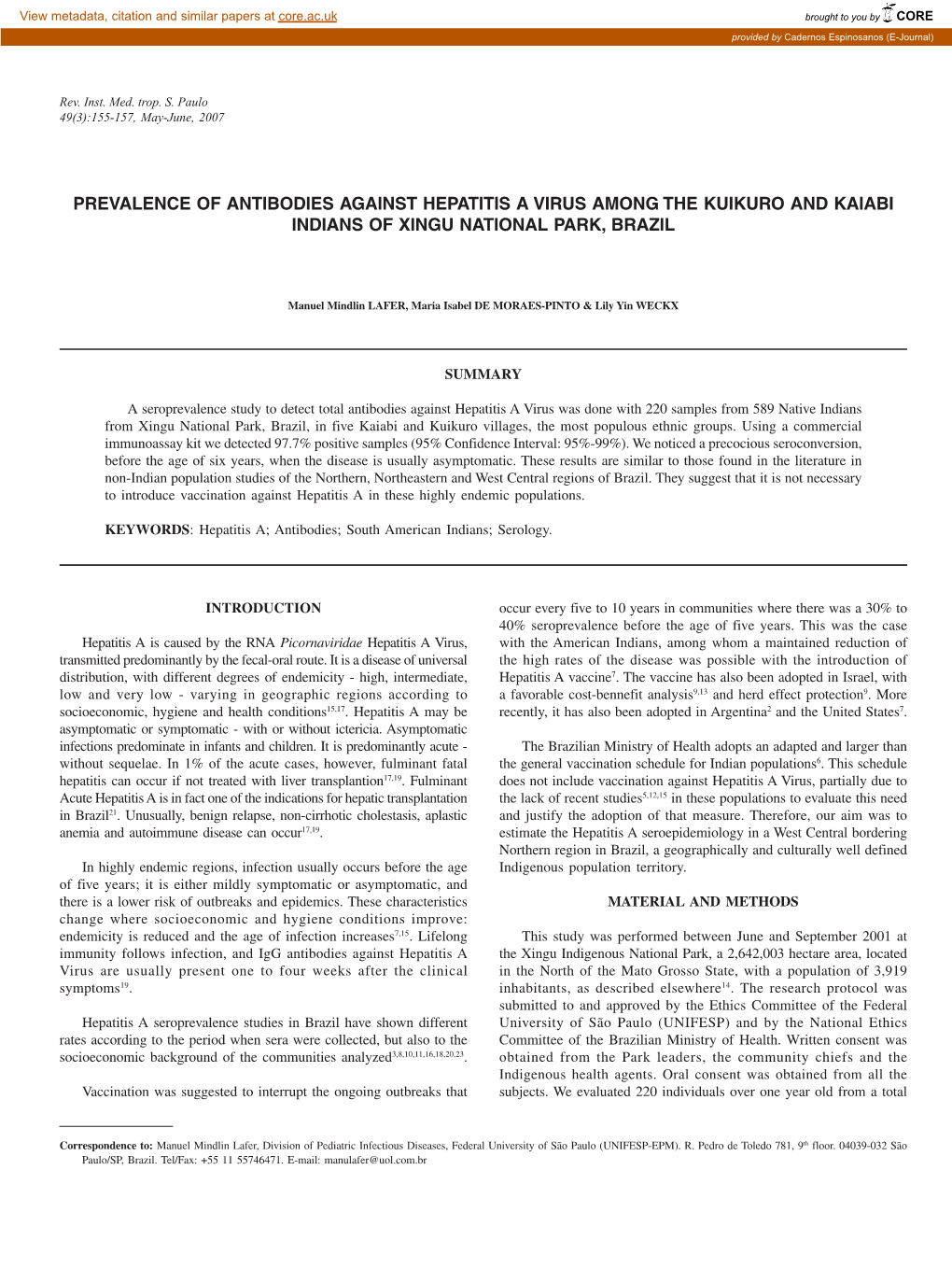 Prevalence of Antibodies Against Hepatitis a Virus Among the Kuikuro and Kaiabi Indians of Xingu National Park, Brazil