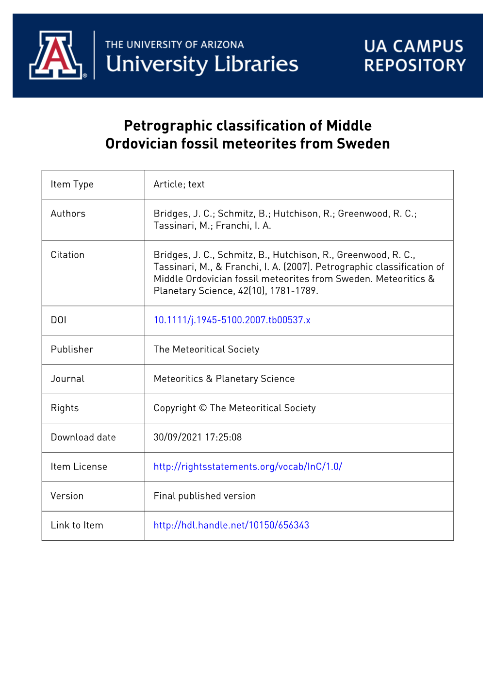 Petrographic Classification of Middle Ordovician Fossil Meteorites from Sweden