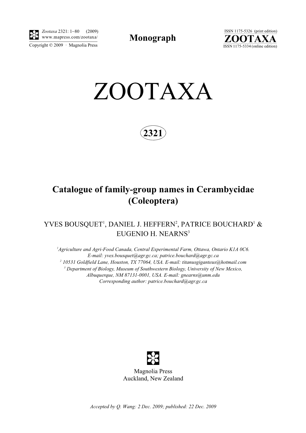 Zootaxa, Catalogue of Family-Group Names in Cerambycidae