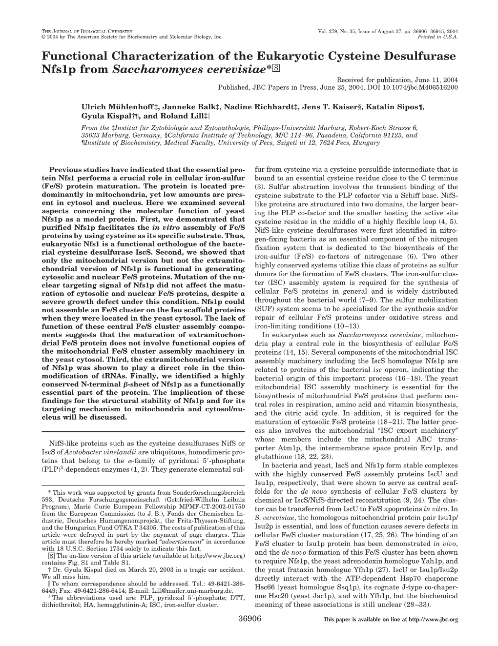 Functional Characterization of the Eukaryotic Cysteine Desulfurase