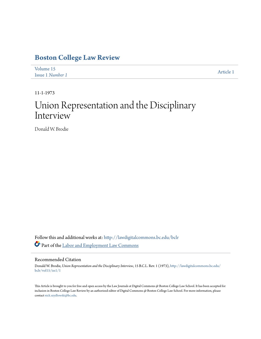 Union Representation and the Disciplinary Interview Donald W