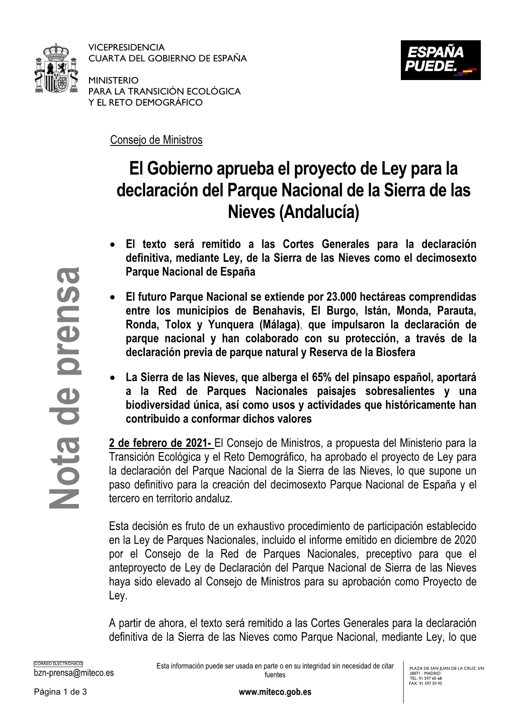 El Gobierno Aprueba El Proyecto De Ley Para La Declaración Del Parque Nacional De La Sierra De Las Nieves (Andalucía)