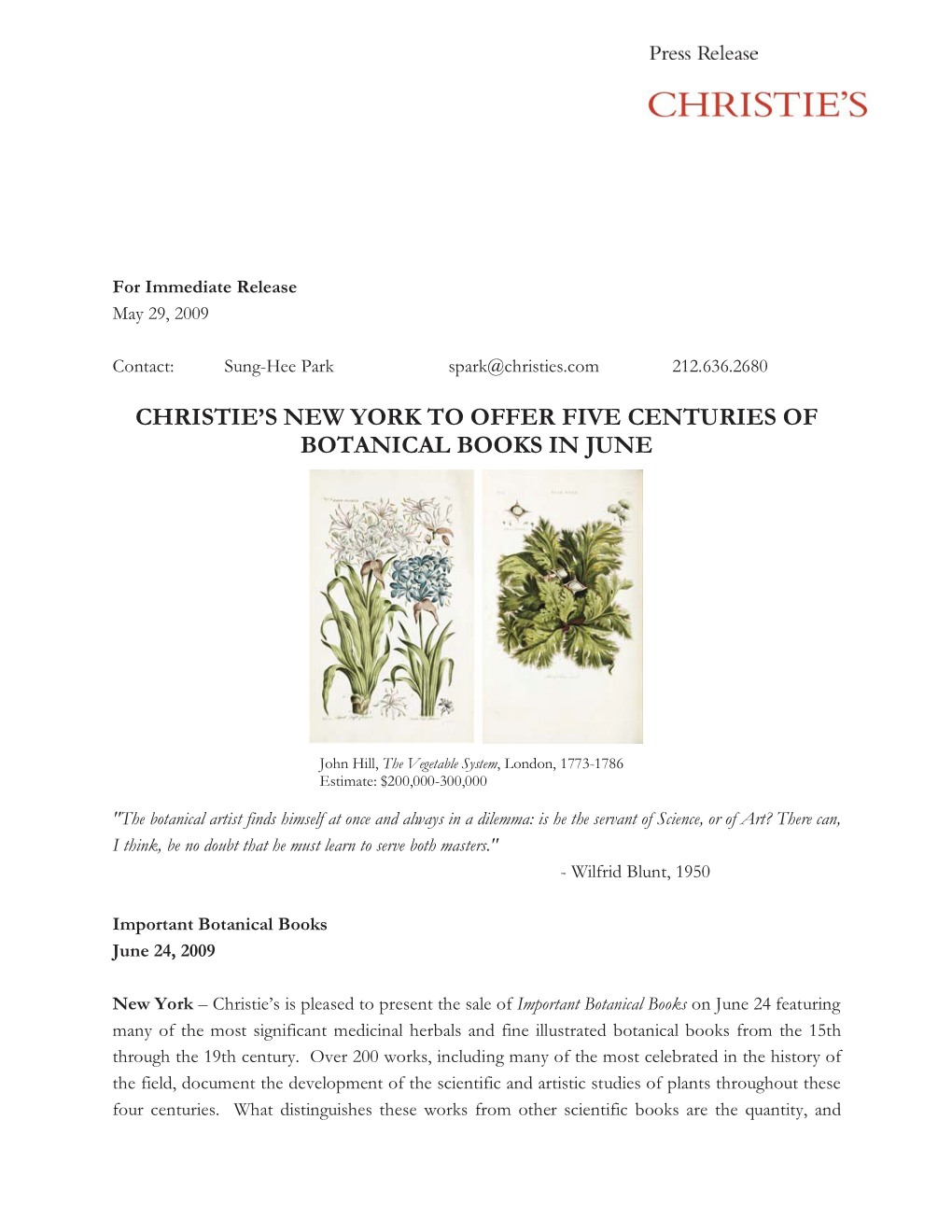 Christie's New York to Offer Five Centuries of Botanical Books in June