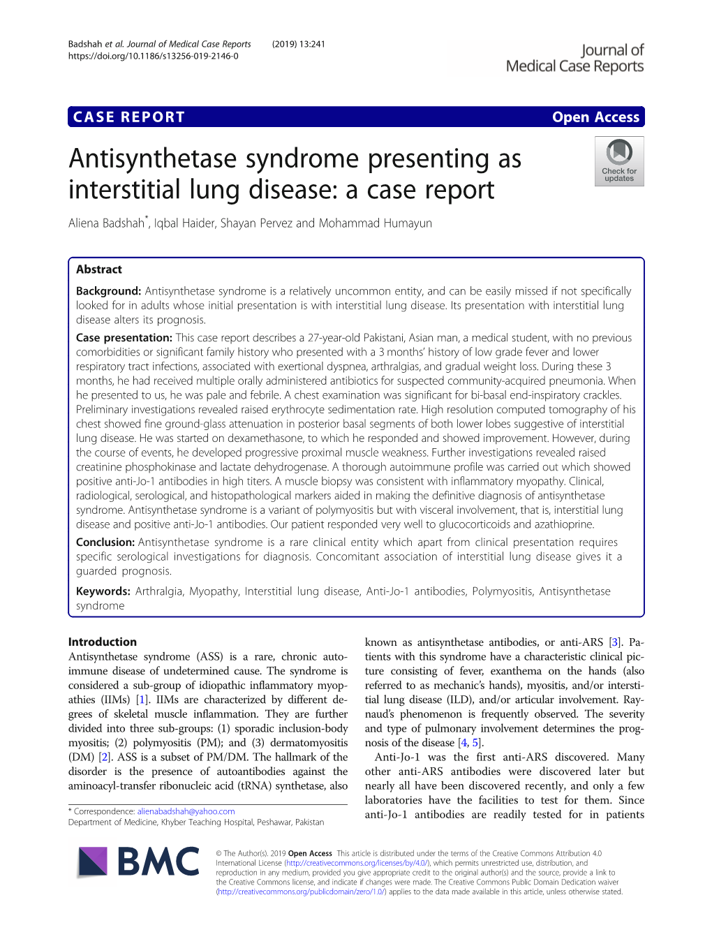 Antisynthetase Syndrome Presenting As Interstitial Lung Disease: a Case Report Aliena Badshah*, Iqbal Haider, Shayan Pervez and Mohammad Humayun