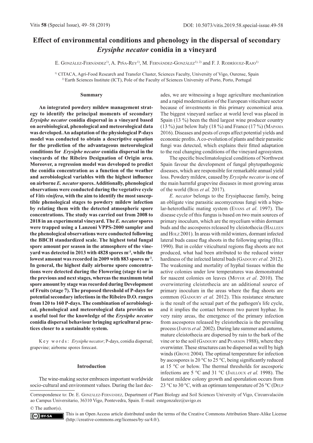 Effect of Environmental Conditions and Phenology in the Dispersal of Secondary Erysiphe Necator Conidia in a Vineyard