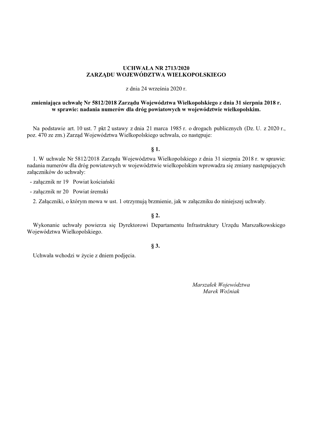 Uchwała Nr 2713/2020 Zarządu Województwa Wielkopolskiego