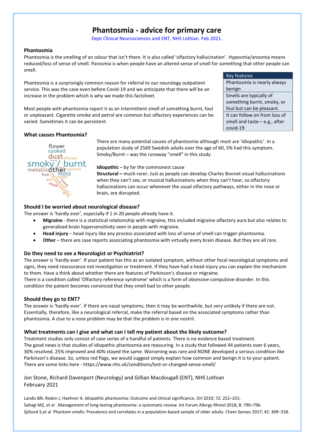 Phantosmia - Advice for Primary Care Dept Clinical Neurosciences and ENT, NHS Lothian