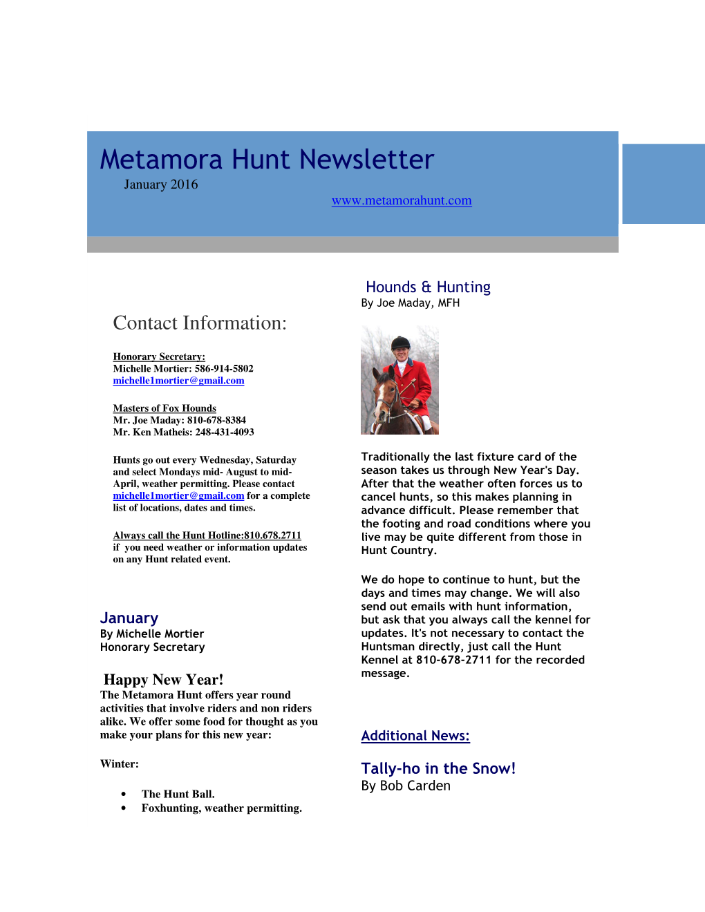 Metamora Hunt Newsletter January 2016