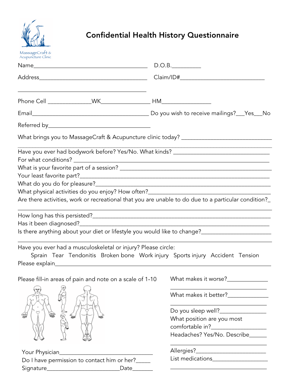 Confidential Health History Questionnaire