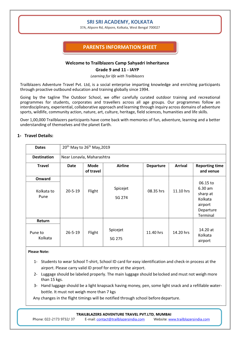 Sri Sri Academy, Kolkata Parents Information Sheet