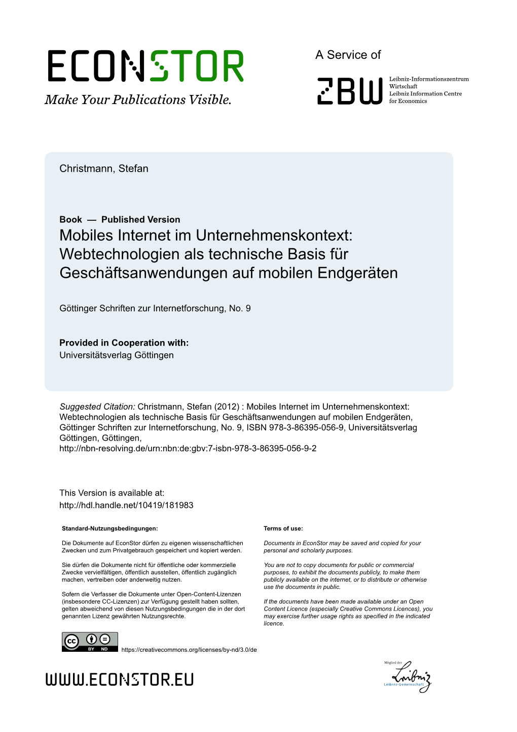 Mobiles Internet Im Unternehmenskontext: Webtechnologien Als Technische Basis Für Geschäftsanwendungen Auf Mobilen Endgeräten