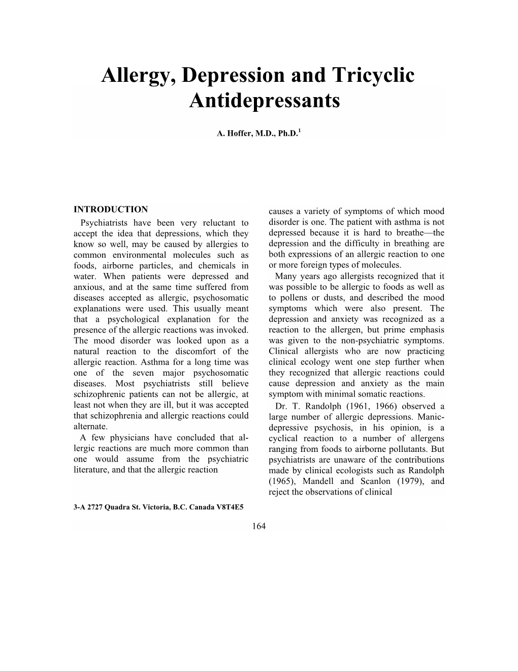 Allergy, Depression and Tricyclic Antidepressants