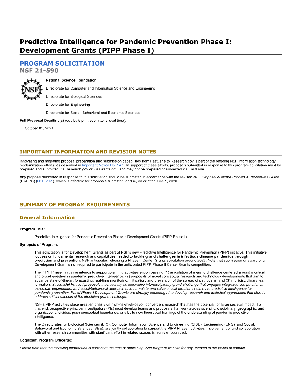 (PIPP Phase I) (Nsf21590) |