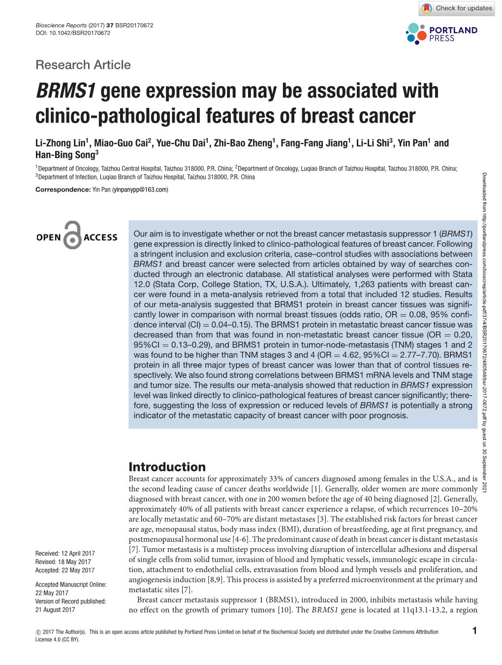 BRMS1 Gene Expression May Be Associated with Clinico-Pathological Features of Breast Cancer