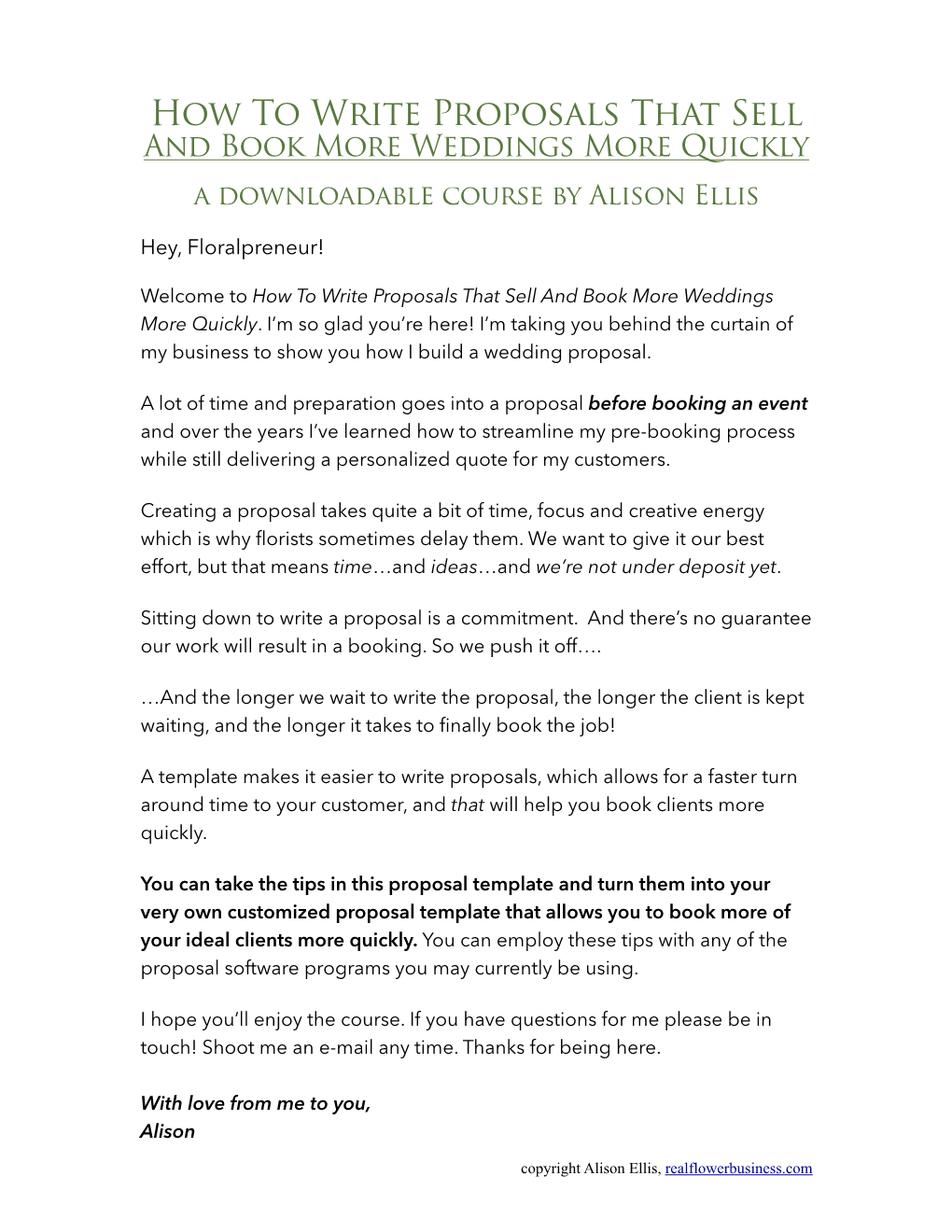 Proposals That Sell and Book More Weddings More Quickly a Downloadable Course by Alison Ellis