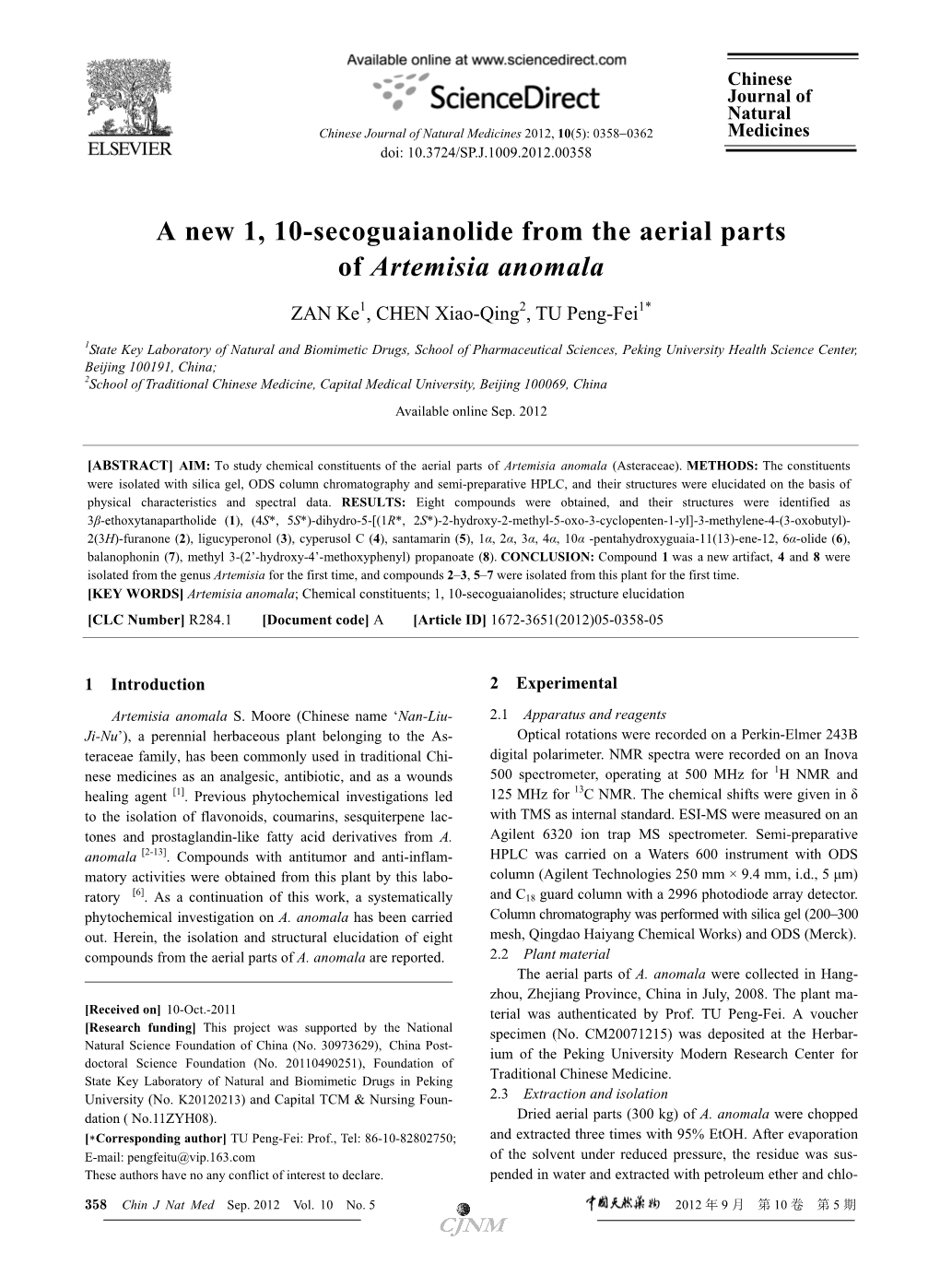 A New 1, 10-Secoguaianolide from the Aerial Parts of Artemisia Anomala