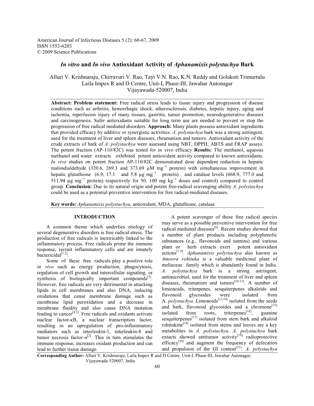 In Vitro and in Vivo Antioxidant Activity of Aphanamixis Polystachya Bark