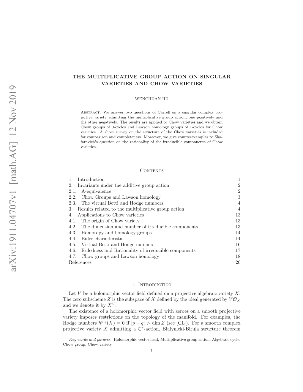 Arxiv:1911.04707V1 [Math.AG] 12 Nov 2019 Rjcievariety Projective Hwgop Hwvariety