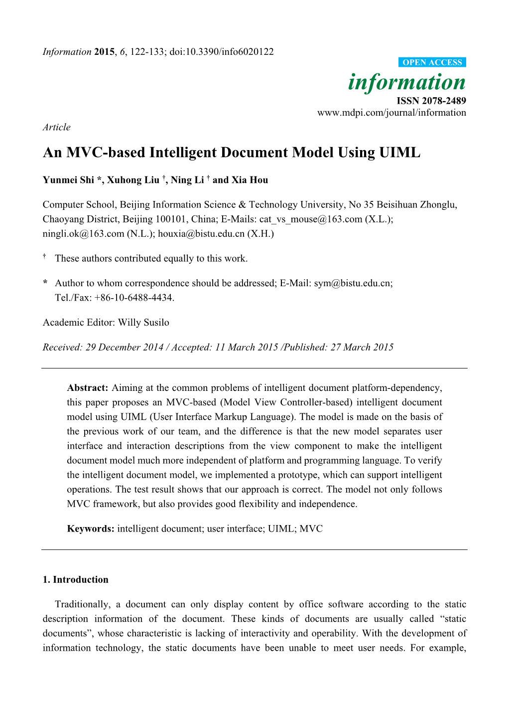 An MVC-Based Intelligent Document Model Using UIML
