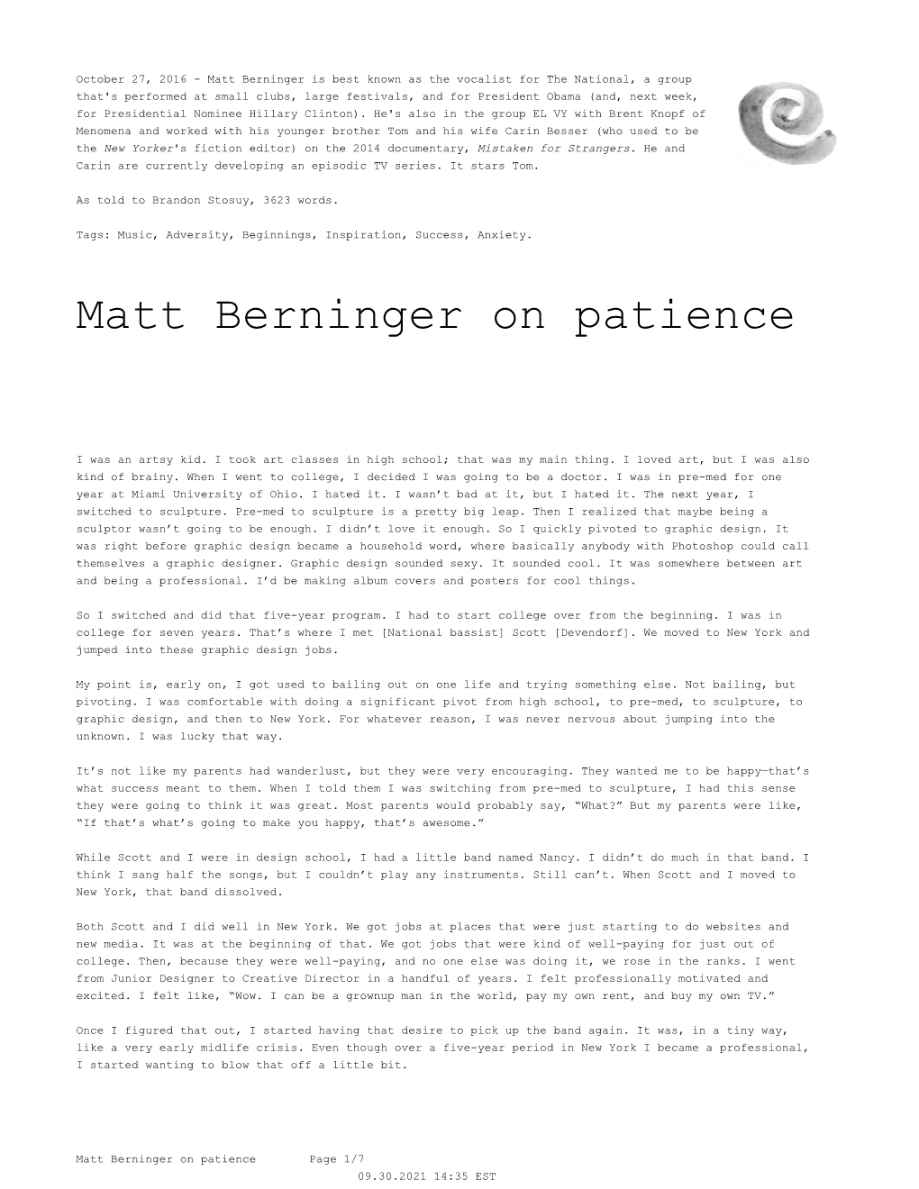 Matt Berninger on Patience