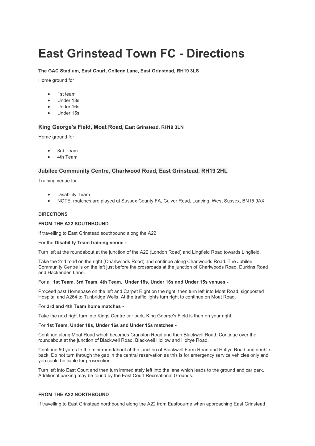 East Grinstead Town FC - Directions