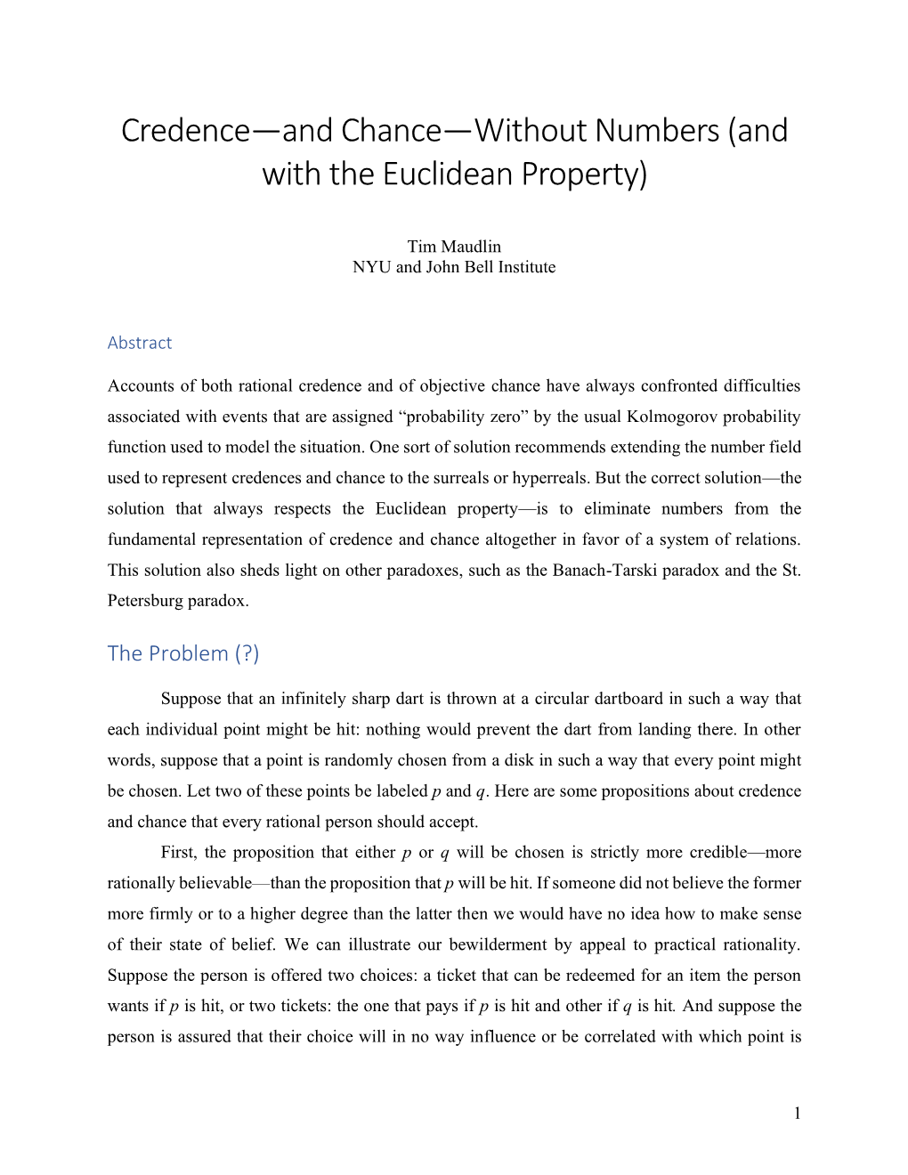 Credence—And Chance—Without Numbers (And with the Euclidean Property)