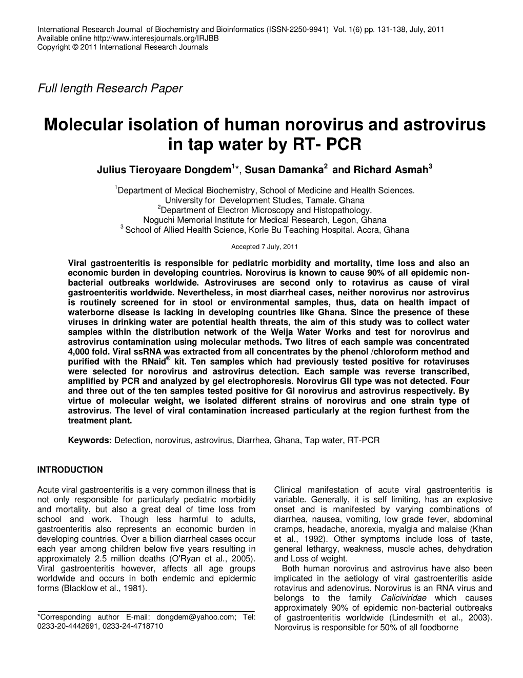 Molecular Isolation of Human Norovirus and Astrovirus in Tap Water by RT- PCR