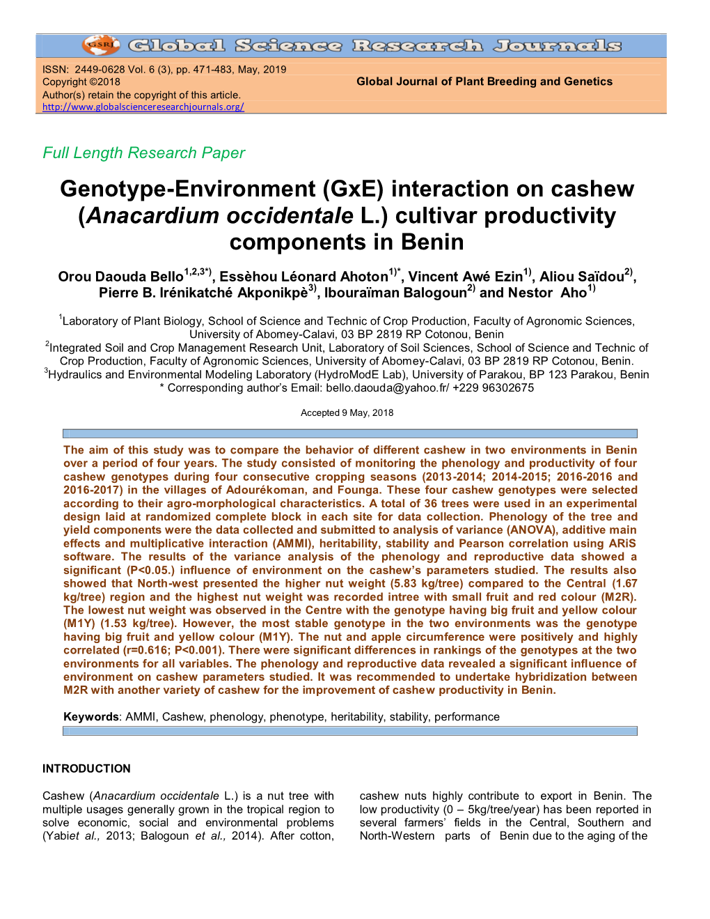 (Gxe) Interaction on Cashew (Anacardium Occidentale L.) Cultivar Productivity Components in Benin