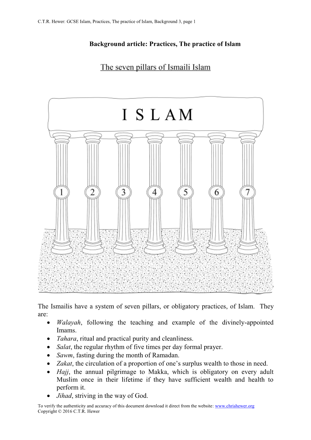 Practices, the Practice of Islam the Ismailis Have a System of Seven Pillars, Or Obligatory Practices, of Is