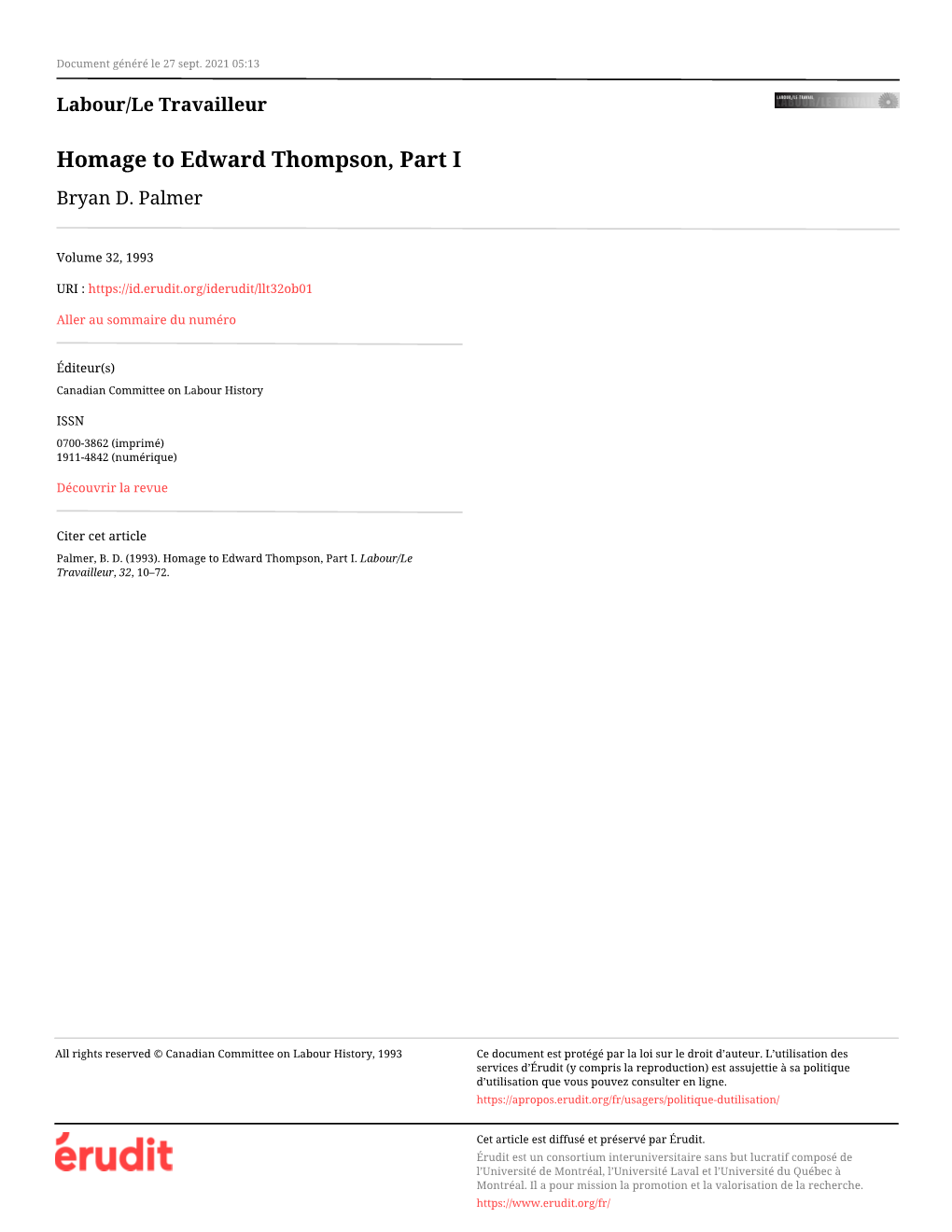 Homage to Edward Thompson, Part I Bryan D