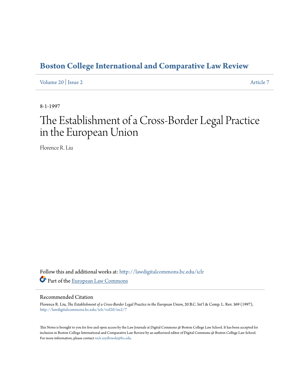 The Establishment of a Cross-Border Legal Practice in the European Union Florence R