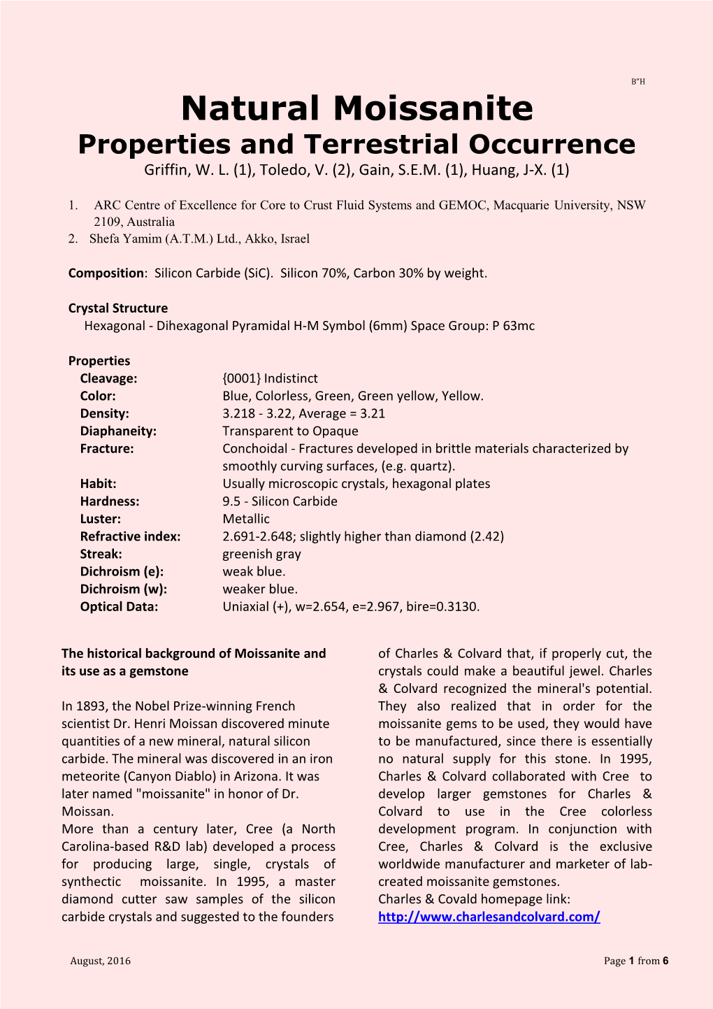 Natural Moissanite Properties and Terrestrial Occurrence Griffin, W