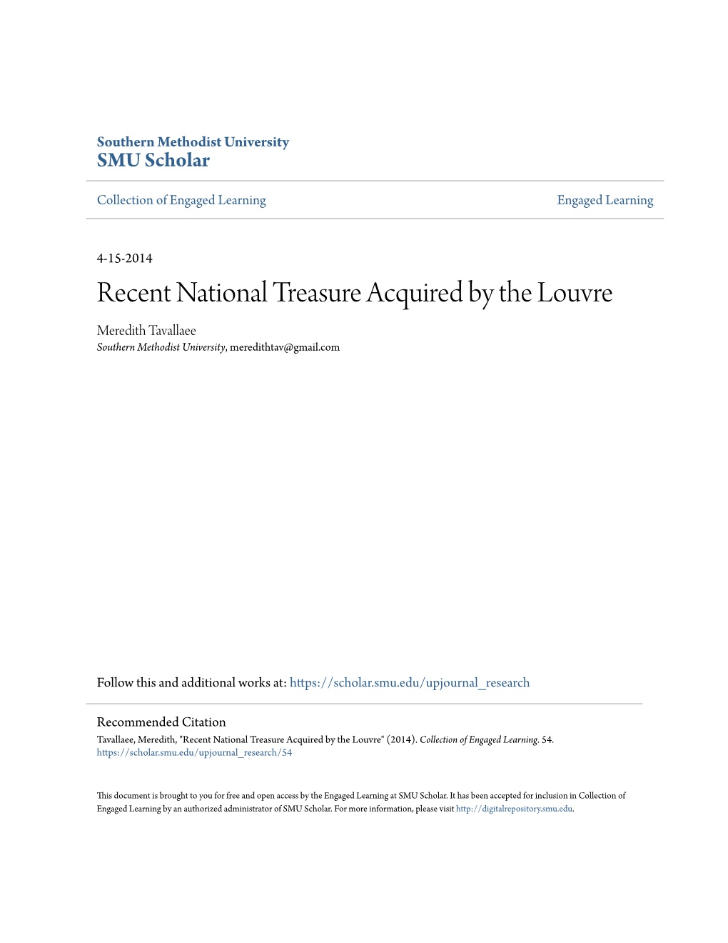 Recent National Treasure Acquired by the Louvre Meredith Tavallaee Southern Methodist University, Meredithtav@Gmail.Com