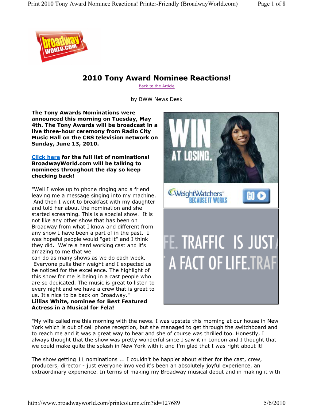 2010 Tony Award Nominee Reactions! Printer-Friendly (Broadwayworld.Com) Page 1 of 8