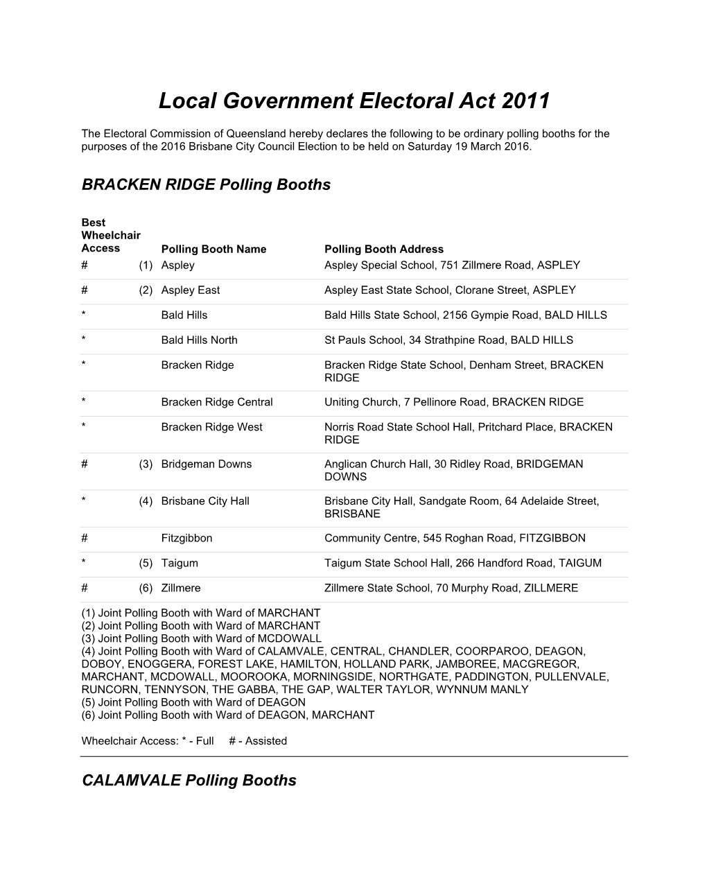 Polling Booths for the Purposes of the 2016 Brisbane City Council Election to Be Held on Saturday 19 March 2016