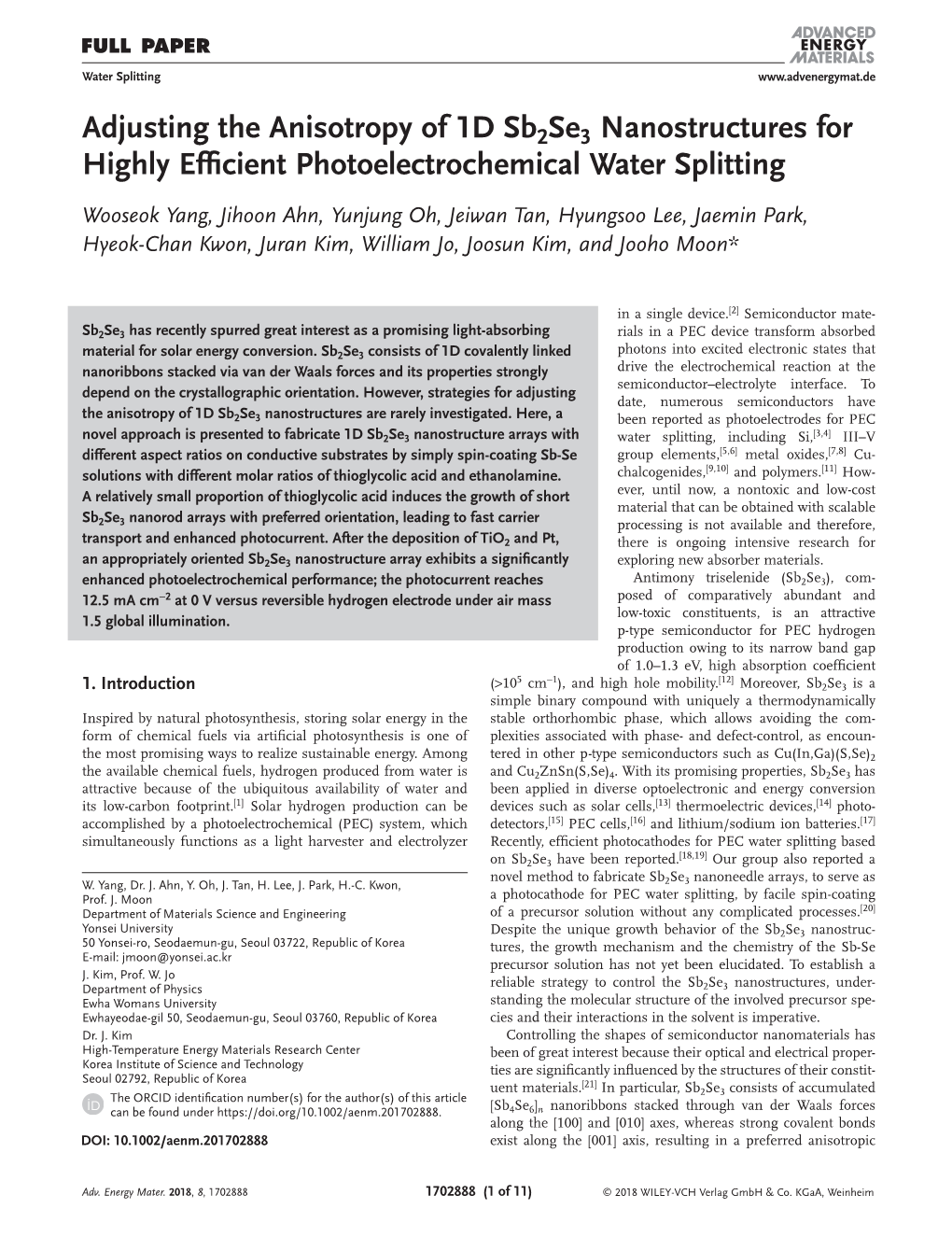 Adjusting the Anisotropy of 1D Sb2se3 Nanostructures for Highly Efficient Photoelectrochemical Water Splitting