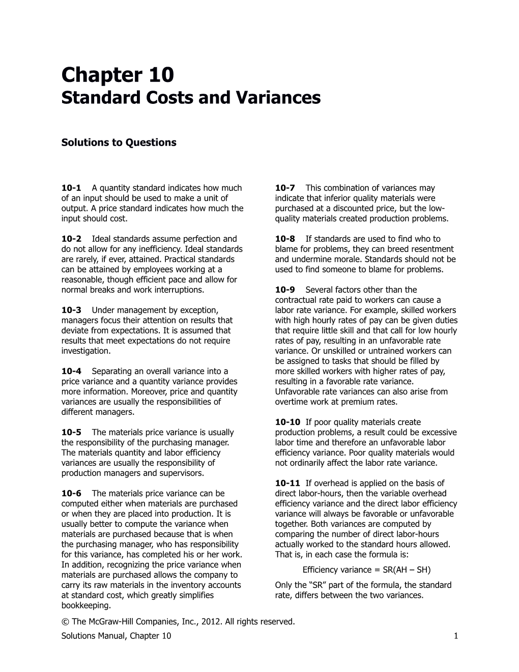 Standard Costs and Variances